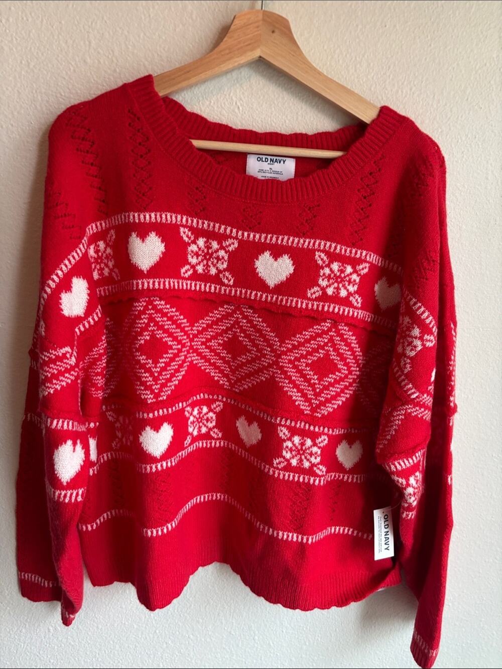 Old Navy New Red and White Heart Fair Isle Pullover Sweater XL